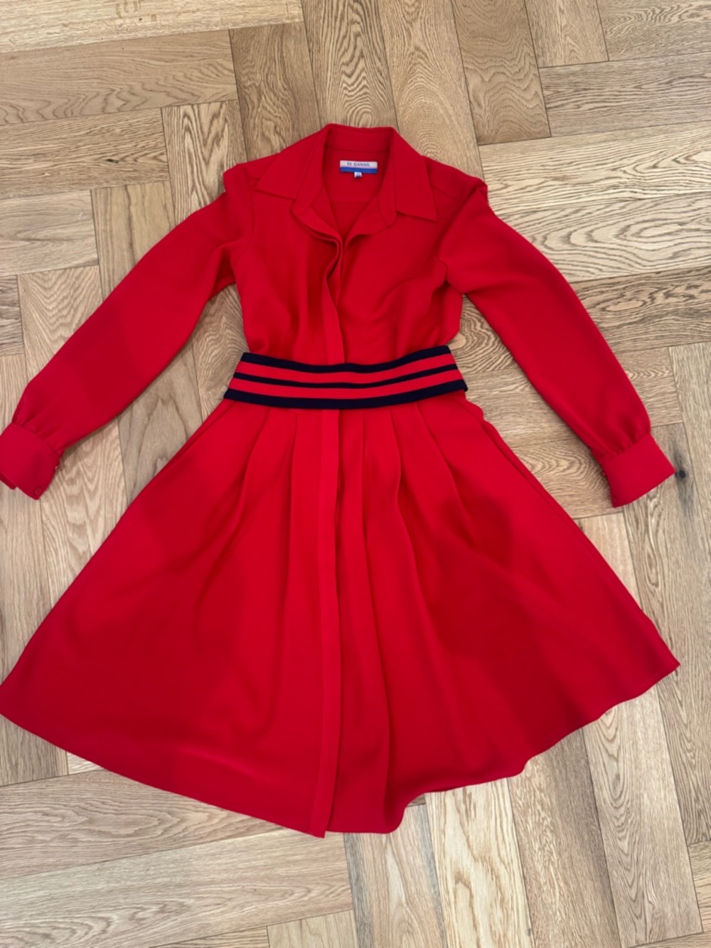 El Ganso Red Long-Sleeve Shirtwaist Dress with Striped Waistband
